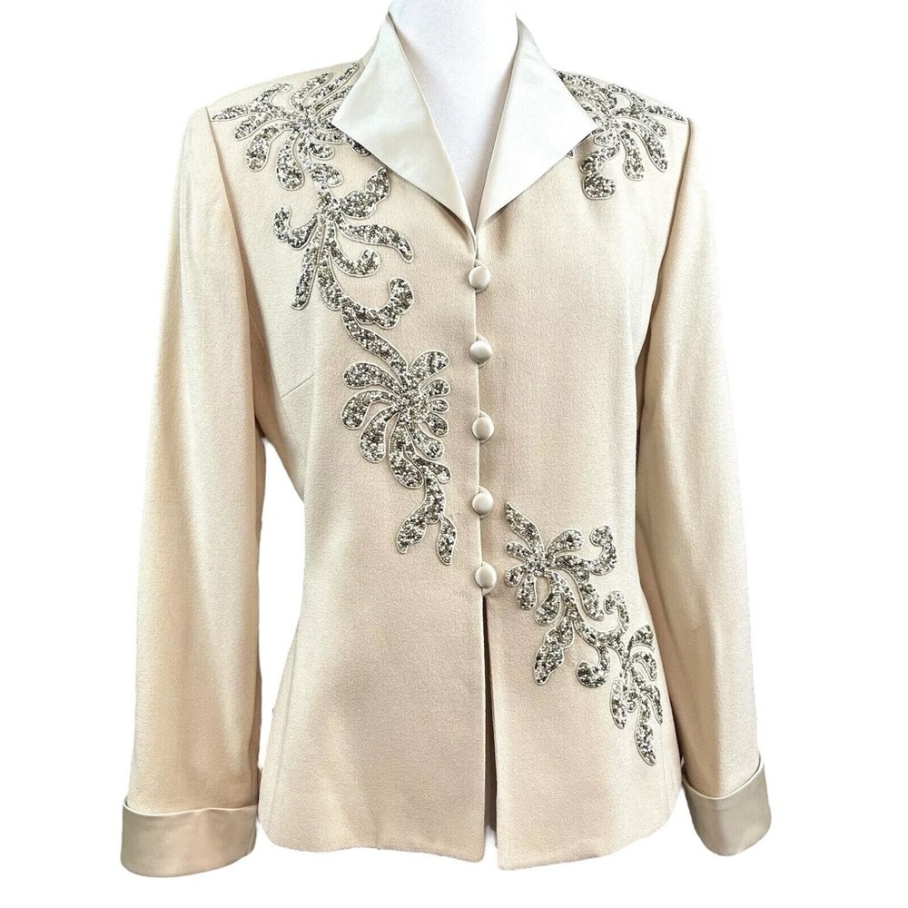 Vtg Albert Nipon Wool Beaded Buttoned Formal Evening Jacket Beige Size 8